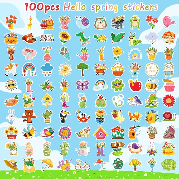 OHOME Spring Stickers | 100 PCS Flowers Stickers for Kids - Vinyl Spring Games Toys Gifts Party Favors Supplies - Kids Crafts Accessories Treats Bulk for Classroom
