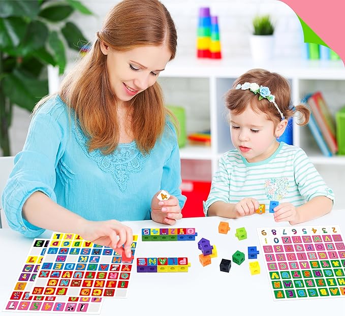 100 Math Linking Cubes, Math Cubes with 384 Reusable Stickers-Letters, Numbers, Shapes, Manipulative Geometric Connecting and Counting Blocks, Educational Toy for Kids Math Learning and Fun Activities