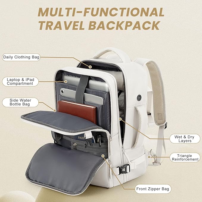 Sinaliy Travel Backpack for Women, Carry On Backpack Flight Approved, Personal Item Travel Bag with USB Charging Port, Casual Daypack College Bag Suitcase Backpack for Weekend, Fit 16 Inch Laptop