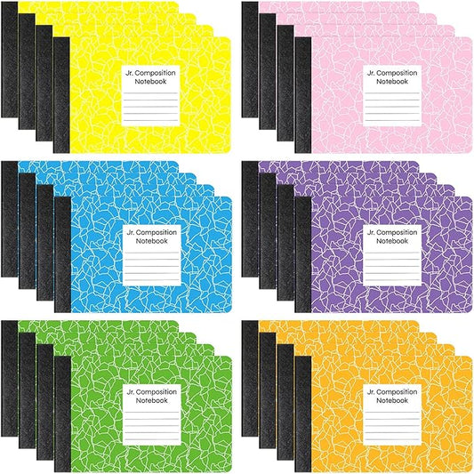 Resurhang 24 Pcs Jr. Composition Notebooks Colored Marble Half Size 4-7/8 x 7-1/2 Inches Composition Notebook 80 Sheet Marble Wide Ruled Assorted Primary Cover Notepad Bulk (Bright Color)