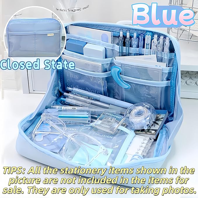 Kawaii Cute Aesthetic Pencil Case - Large Capacity Canvas Pen Pouch Bag (Blue)