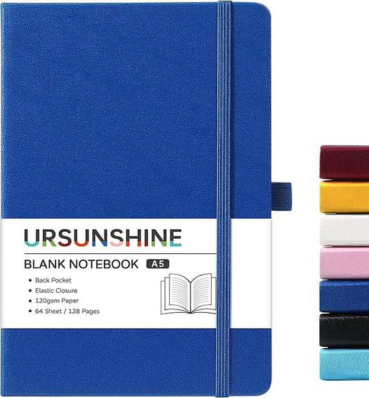 Blank Journal/Notebook - Classic Notebook/Journal with Ribbon Divider, Hardcover with Thick Paper, 5.3'' x 8.26'', Banded + Pen Holder +Inner Pocket - Deep Blue