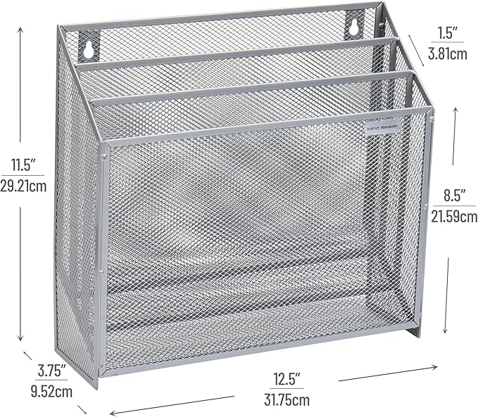 Mind Reader Vertical File Storage, Desktop Organizer, Wall Mount, Office, Metal Mesh, 12.5" L x 3.75" W x 11.5" H, Silver (Pack of 4)