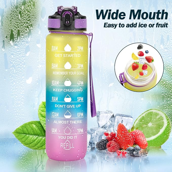 YC Kitchen Motivational Water Bottle with Time Marker - 32oz, Leak-proof BPA Free Sports Water Bottles with Straw & Carrying Strap (Pack of 2)
