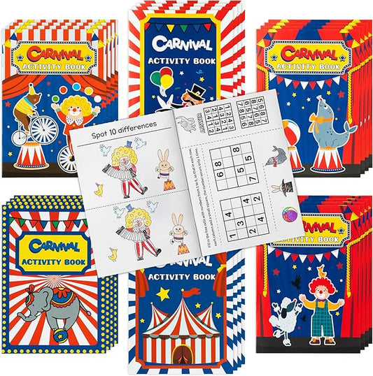 JAPBOR Carnival Activity Coloring Books - 24PCS Mini Circus Carnivals Activities Color Books Bulk for Kids Party Favors, Showman Themed Small Colouring Pages for Birthday Class Drawing Painting Game