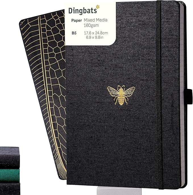 Dingbats* Pro Plain Large B5 Notebook - Black Textile Cover, Thread-Bound Writing Journal - for Work, Travel - Pocket, Elastic Closure, Bookmark