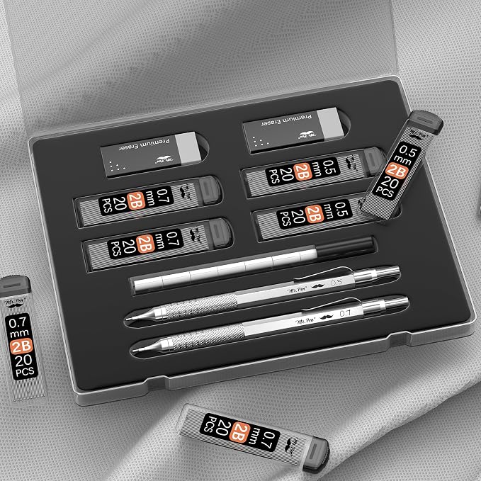 Mr. Pen- Metal Mechanical Pencil Set with Lead Refills & Erasers, 2 Pack | 2 Sizes, 0.5 & 0.7mm, 4x Tubes 2B Lead Refill, 2x Erasers for School Supplies, Note Taking, Drawing, Sketching, Office