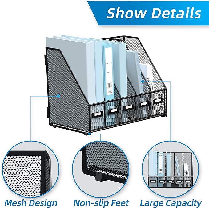 SUPEASY Desk Organizers Metal Desk Magazine File Holder with 5 Vertical Compartments Rack File Organizer for Office Desktop, Classroom, Home Workspace, Black