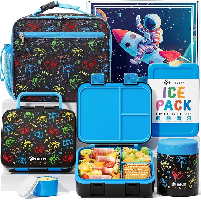 Fimibuke Bento Lunch Box for Kids Toddler Boys with 12OZ Insulated Food Jar | 3-Compartment 32OZ Snack Lunch Container Bento Box, Lunch Bag & Ice Pack Set for Age 3-12 School Daycare Camp, Gamepad