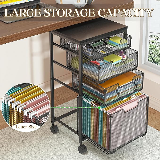 Sbanmao Rolling File Cart with 4 Storage Drawers, Mobile File Cabinet with Wheels, Hanging File Organizer, Under Desk Printer Stand Utility Cart Filing Cabinet for Home Office, Black