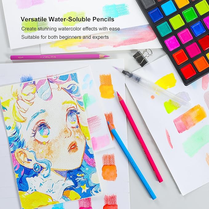KALOUR 72-Color Professional Watercolor Pencils Set with Brush and Water Brush Pen, Hexagonal Shape, Blendable Wet or Dry, Water-Soluble Colored Pencils for Artists and Beginners