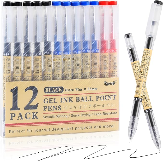Black Blue Red Gel Ink Pens, 0.35mm Extra Fine Point Smooth Writing Rollerball Pens, Japanese Style No Smudge Ballpoint Pen, Quick Drying for Journaling Office School Stationery Supplies 12Pcs