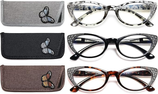 EYEURL 3-Pack Cat Eye Reading Glasses for Women Blue Light Blocking Computer Readers with Rhinestones Anti UV Rays Eyeglasses with Spring Hinges 1.75