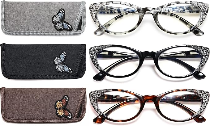 EYEURL 3-Pack Cat Eye Reading Glasses for Women Blue Light Blocking Computer Readers with Rhinestones Anti UV Rays Eyeglasses with Spring Hinges 2.75