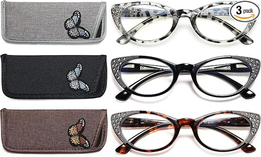 EYEURL 3-Pack Cat Eye Reading Glasses for Women Blue Light Blocking Computer Readers with Rhinestones Anti UV Rays Eyeglasses with Spring Hinges 2.00