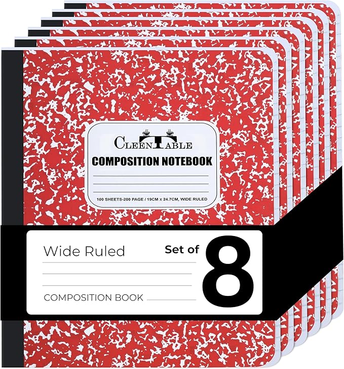 CLEENTABLE Composition Notebook 8 Pack, Wide Ruled Paper, Marble Cover Notebooks for School, 9.75 x 7.5 Inches, 100 Sheets (200 Pages), Sewn Binding Comp Books, Red