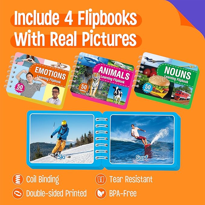 4 Flipbooks for Learning Words, Mini Book Set with Real Pictures, Vocabulary Builder to Learn Verbs, Nouns, Foods, Animals, Double Sided Printed Word Learning Flipbook, Early Educational Tool For Kids