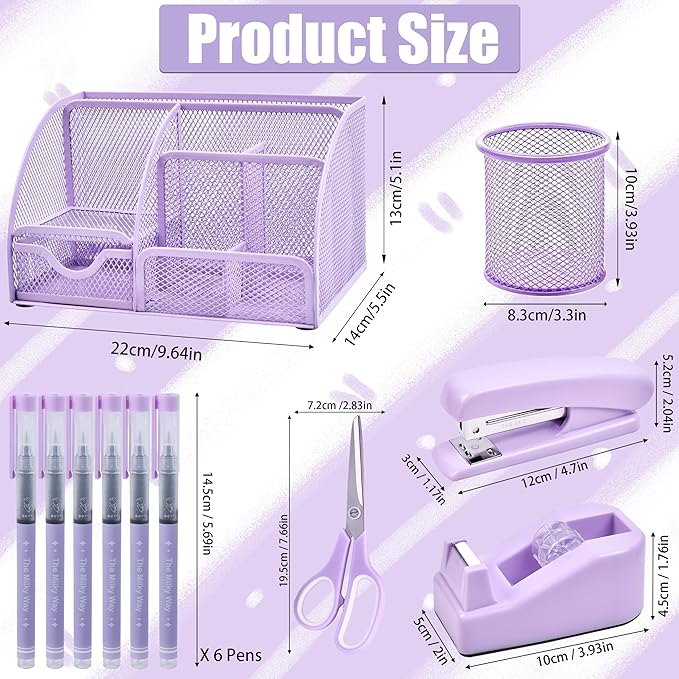 Purple Desk Accessories, 26Pcs Office Supplies and Desk Organizers, with Tape Dispenser, Stapler, Staple Remover Ect, Gift Box Packaging