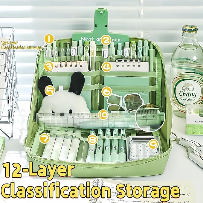 Kawaii Cute Aesthetic Pencil Case - Large Capacity Canvas Pen Pouch Bag (Green)