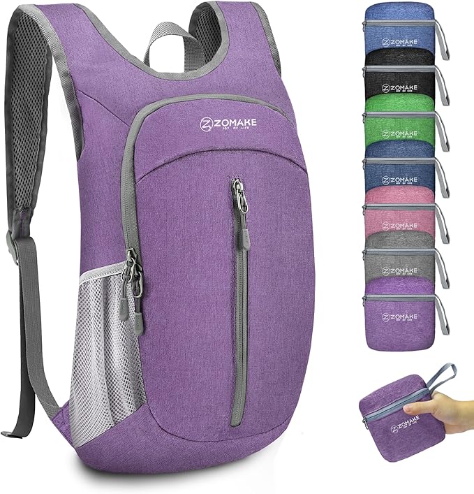 ZOMAKE Lightweight Packable Backpack, 10L Small Foldable Daypack for Hiking | Water Resistant Collapsible Backpacks for Women Men,Everyday Carry,Multi Compartment Storage,Adjustable Strap(Light PurpleA1)