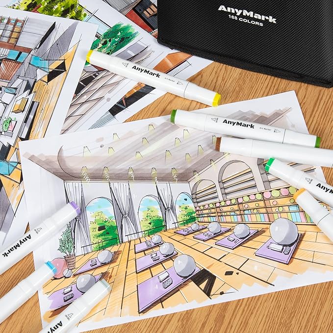 AnyMark Alcohol Markers, 168 Colors Dual Tip Art Coloring Markers Set for Kids Adult Book Drawing Sketching Painting, Chisel & Fine, White Penholder