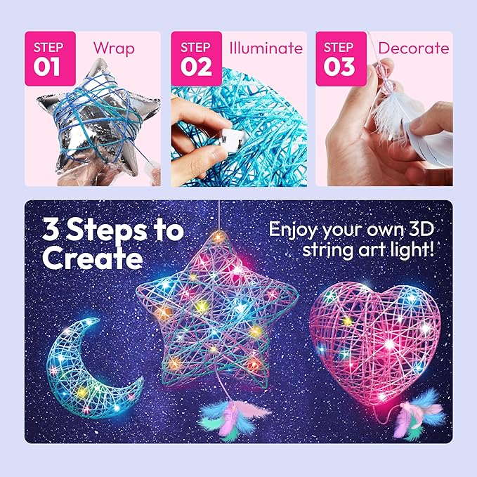 Klever Kits 3D String Art Kit for Kids, Light Up String Light Toy with 30 Multi-Colored LED Bulbs, Arts and Crafts Set, Birthday Gifts for Girls and Boys Ages 8+