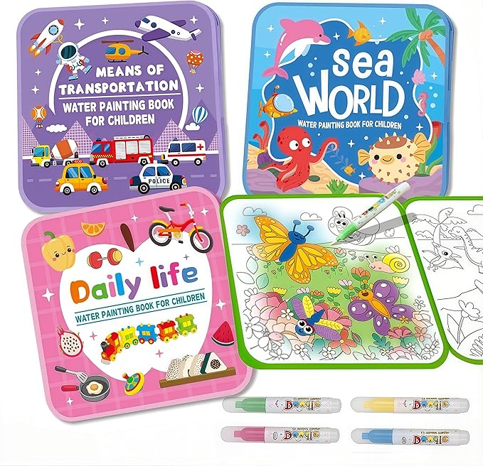 Water Painting Book for Kids - 4 Pack Magic Water Coloring Book with Water Pen Themes - Mess Free Water Art Book for Toddlers,No Mess Paint Coloring & Reusable Fun for Ages 3+ Travel Activity Toys
