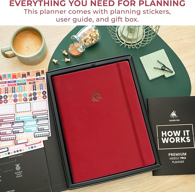 Clever Fox Planner PRO Premium Jan 2026-Jan 2027 – Luxurious Weekly, Monthly & Budget Agenda Organizer for Productivity & Reaching Goals, A4 Hardcover + Keepsake Box – Red