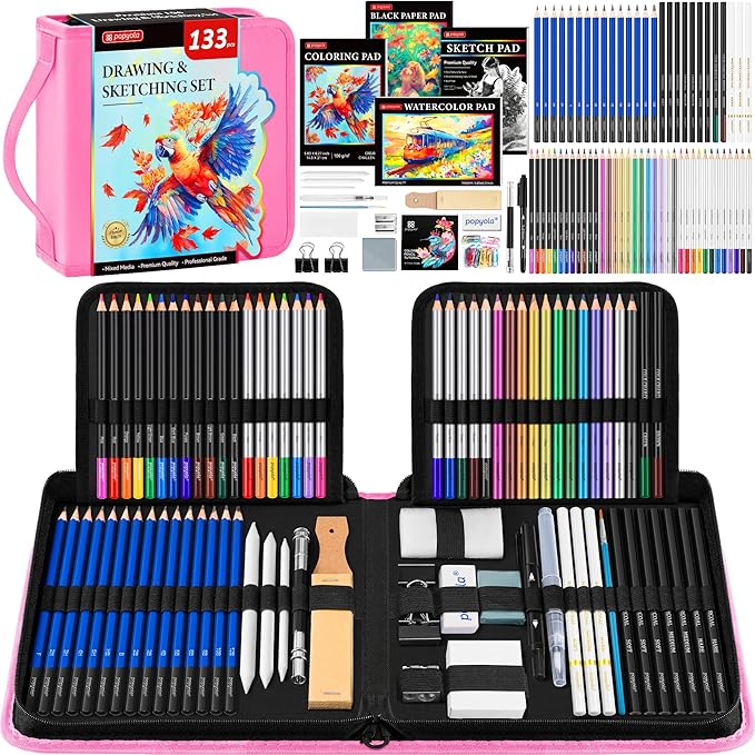 133 Pack Art Supplies Sketching Kit with Sketch Book, Coloring Book, Watercolor Pad, Black Paper Pad, Tutorial, Graphite Colored Charcoal Watercolor & Metallic Pencils for Artists Beginners Adults