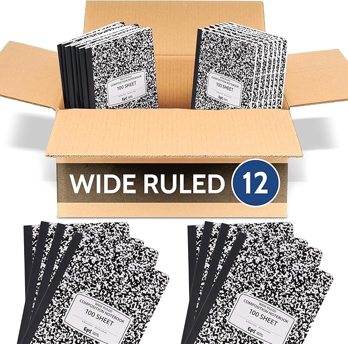 12 Pack - EPI Marble Hardcover Wide Ruled Composition Notebook | 200 Pages (100 Sheets), 9.75 x 7.5 in, Sturdy Sewn Binding | School, Office, Journaling, Notes