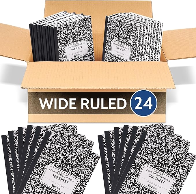 24 Pack - EPI Marble Hardcover Wide Ruled Composition Notebook | 200 Pages (100 Sheets), 9.75 x 7.5 in, Sturdy Sewn Binding | School, Office, Journaling, Notes