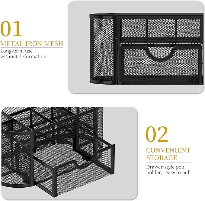 SUPEASY Mesh Desk Organizer, Desk Accessories & Workspace Organizers with Drawers, Pencil Holder for Desk with 9 Compartments for Office Supplies, School, Classroom, 8.6 x 4.3 x 4.1 Inch, Black
