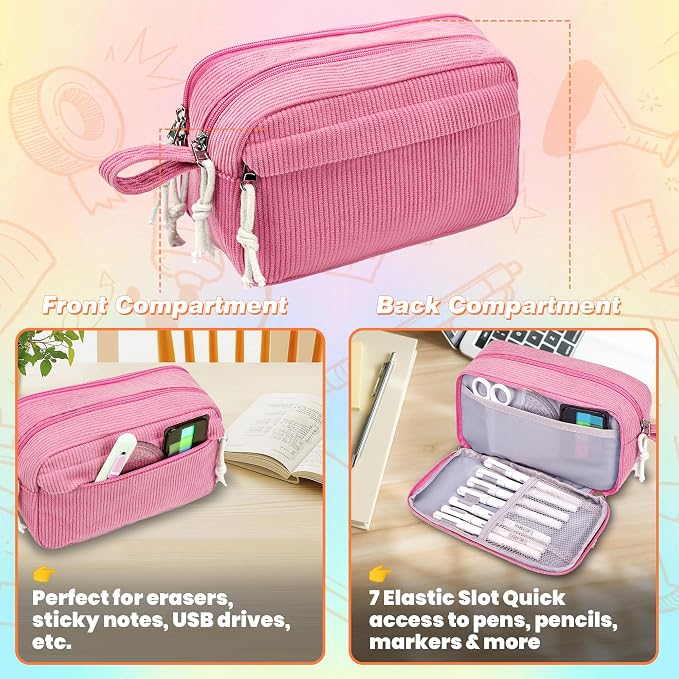 Big Capacity Pencil case,Soft Corduroy Pencil Bag with 3 Compartment,Pencil Pouch School Supplies Cute Pencil Box Pencil Bag for Teen Girls Boys College
