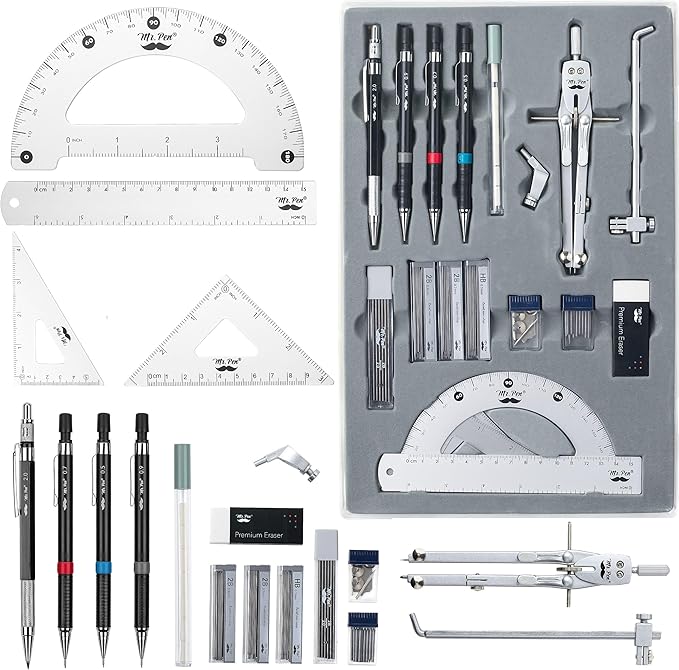 Mr. Pen- Professional Geometry Set, 17 pcs, Metal Compass, Mechanical Pencils, Rulers, Protractor & Set Squares, Lead Refills, Extra Screws & Needles, Drafting Kit for Math, Engineering & Architecture