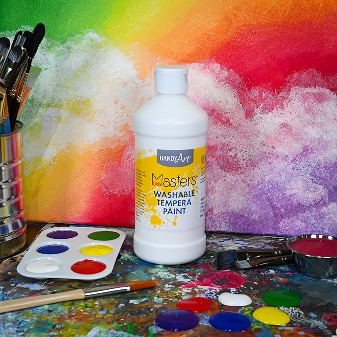 Handy Art Little Masters Washable Tempera Paint, White, 16 oz Bottle, Bright & Mixable, High Opacity, Washable Colors for Classroom, Students, Kids, Young Artists, Safe & Non-Toxic, Made in USA