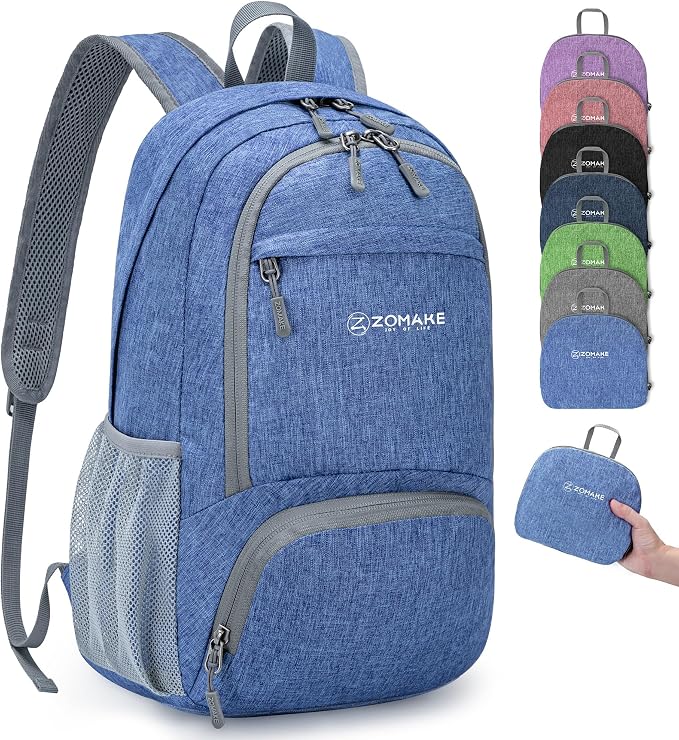 ZOMAKE Lightweight Packable Backpack, 20L Small Foldable Daypack for Hiking | Water Resistant Collapsible Backpacks for Women Men, Everyday Carry, Multi Compartment Storage,Adjustable Strap(Dark Blue B2)