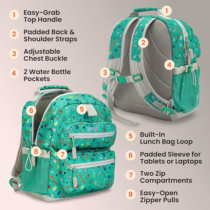 Bentgo Kids Backpack - Lightweight 14” Backpack in Fun Prints for School, Travel, & Daycare, Ideal for Ages 4+, Roomy Interior, Durable & Water-Resistant Fabric, & Loop for Lunch Bag (Bug Buddies)
