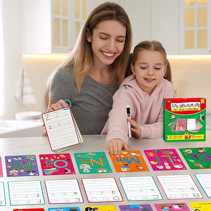 31 PCS Alphabet Flash Cards, Double-Sided Printing Dry Erase Letters Sight Words and Number Learning Cards Letter Tracing Practice Cards for Preschool, Kindergarten (2 Reclosable Rings & 2 Markers)