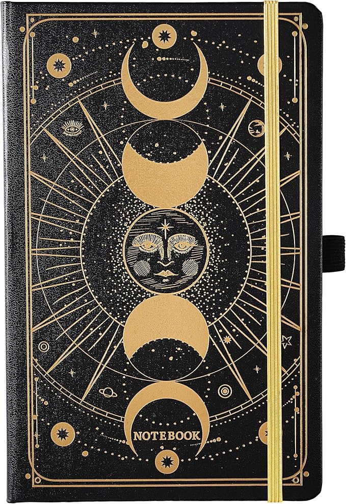 Artfan Ruled Notebook/Journal – Premium Thick Paper Classic Writing Notebook with Pocket + Page Dividers Gifts, Banded, Large, 128 Pages, Hard Cover, Lined (5.3" x 8.26") - Sun and Moon