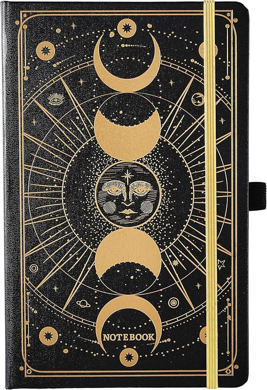 Artfan Ruled Notebook/Journal – Premium Thick Paper Classic Writing Notebook with Pocket + Page Dividers Gifts, Banded, Large, 128 Pages, Hard Cover, Lined (5.3" x 8.26") - Sun and Moon