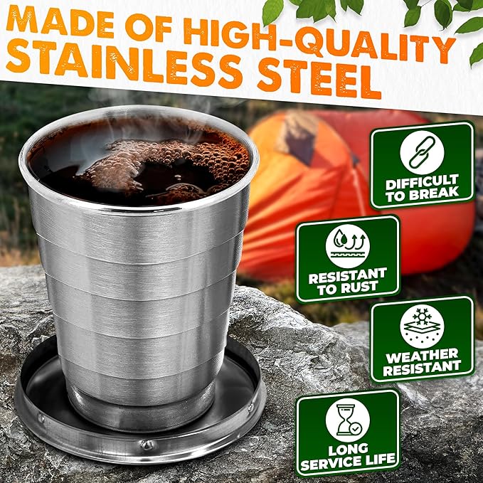 Collapsible Travel Cup with Lid 2.5Oz (75ml) - Leak-Proof Сollapsible Shot Glass Keychain, Highly Portable, Made of Rust & Bend Resistant Stainless Steel - Foldable Cup for Traveling, Fishing, Camping