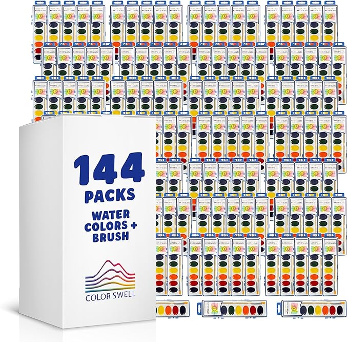 Color Swell 144 Set Bulk Watercolor Paint Pack with Wood Brushes 8 Colors Washable Water Colors Perfect for Kids Classroom, Parties, Students, Donations