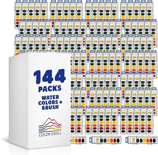 Color Swell 144 Set Bulk Watercolor Paint Pack with Wood Brushes 8 Colors Washable Water Colors Perfect for Kids Classroom, Parties, Students, Donations