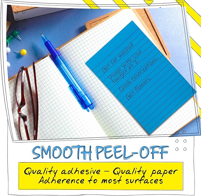 Better Office Products Lined Sticky Notes 4x6, 10 Pack (500 Sheets), Lined Post It Notes 4x6 Assorted Bright Colors, Strong Adhesive, Large Notes for Office School Memos