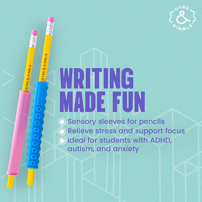 Gyre & Gimble Gidgets for #2 Pencils | Textured Silicone Pencil Sleeve for Quiet & Calm Fidgeting | 4 Sleeves & 2 Pencils | ADHD Sensory Tool for Kids & Adults