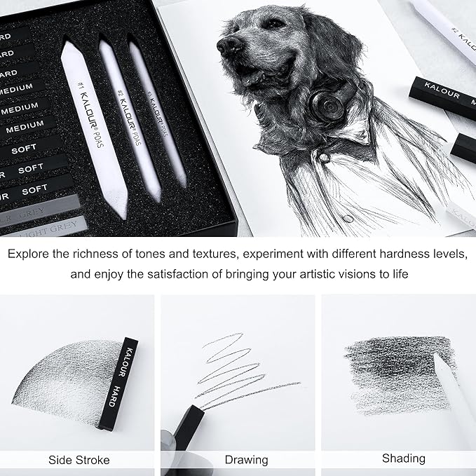 KALOUR 15 Pro Compressed Charcoal Drawing Set with Blending Stumps- Soft,Medium,Hard and White Charcoal - Charcoal Sticks for Drawing Sketching Shading - Art Supplies for Artists Beginners Adults