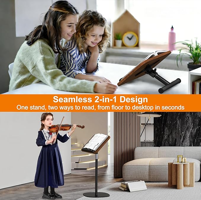 NAMON 2-in-1 Dual-use Floor & Desktop Book Stand, Durable Metal & Wood, Height Adjustable 16.5"-51", Floor Reading Stand for Sheet Music, Cookbooks, Projector (Walnut Finish, 11.8" x 16.5" Panel)