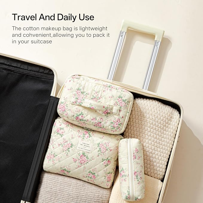 HBselect Quilted Makeup Bag, 3Pcs Cotton Large Travel Makeup Bags Organizer | Cute Floral Make up Bag Cosmetic Bag Toiletry Bag for Women Girls, Makeup Pouch for Skincare, Brushes & Travel Essentials