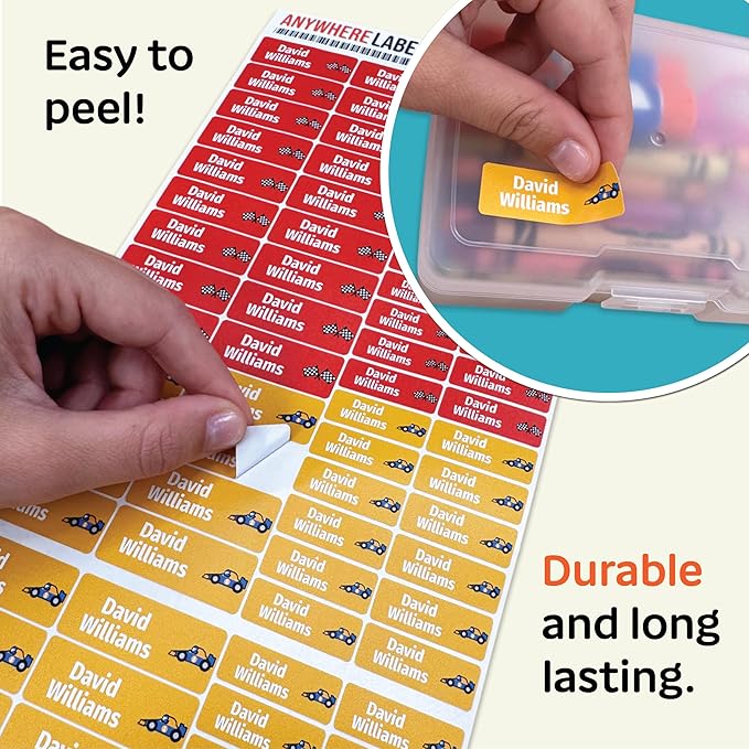 Kids Personalized Name Labels for School, Camp, Daycare (128 Labels) Custom Peel and Stick Waterproof Name Tags Stickers for Water Bottles, Lunch Boxes, Clothing, School Supplies (Racecar)