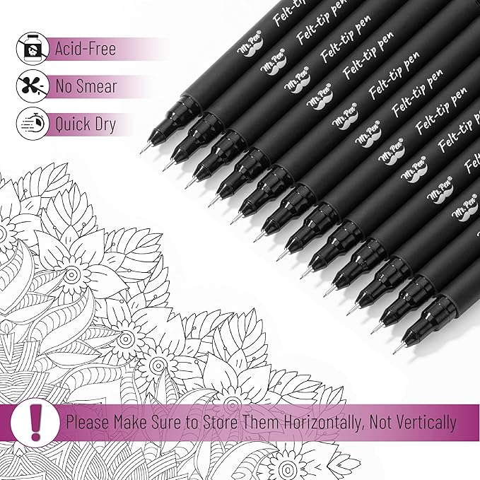 Mr. Pen- Drawing Pens for Artists, 0.1mm, 12 Pack, Black Artist pens, Micro Pens for Drawing, Bible Journaling Pen, Fine Point